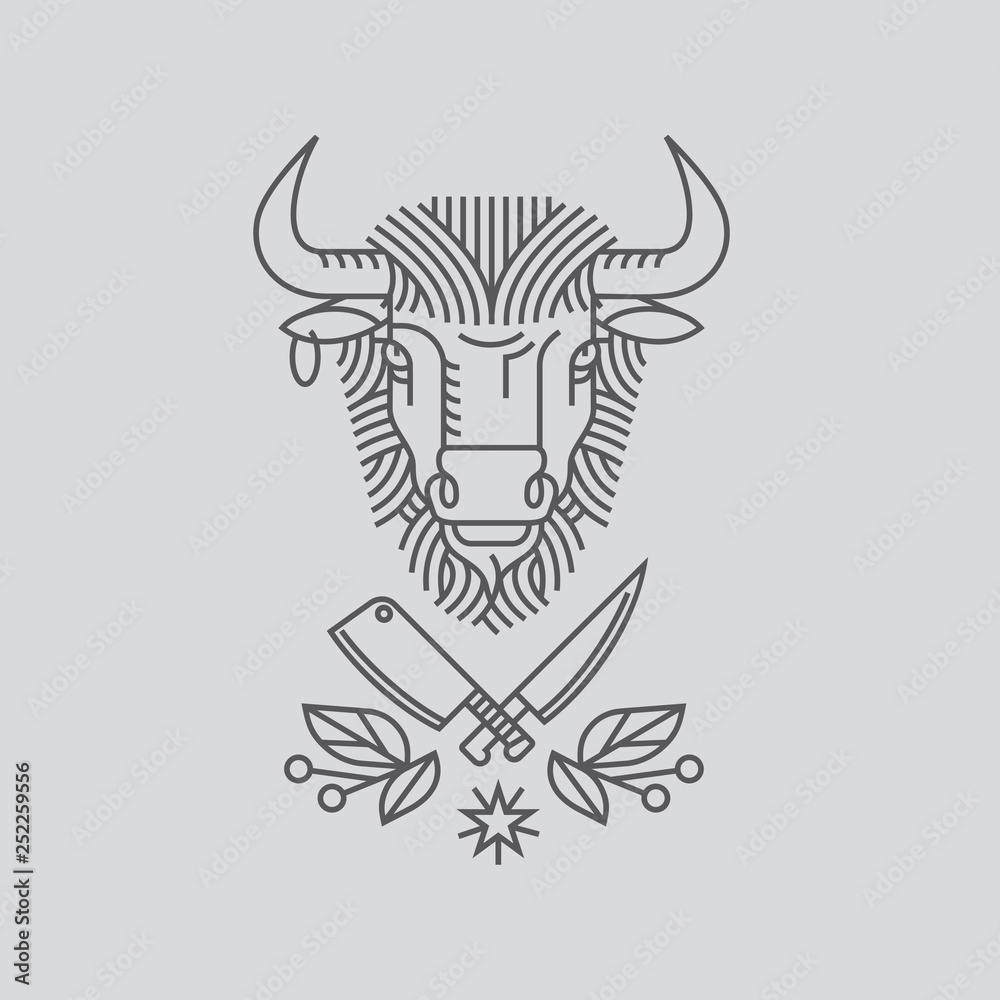 Emblem, badge with a bull's head. Ribbon, the motto, a Laurel wreath, a cleaver and a knife in the style of linear engravings design premium logo or emblem. Bull with a crown symbol of strength, perse