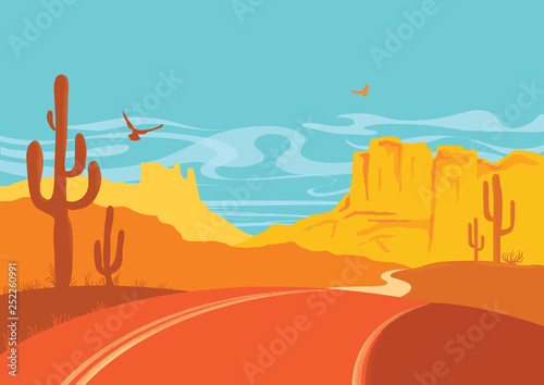 American road in desert in sun day with blue sky. Vector Arizona prairie landscape