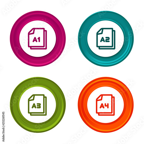 Paper size A1 A2 A3 A4 icons. Document symbol. Colorful web button with icon.