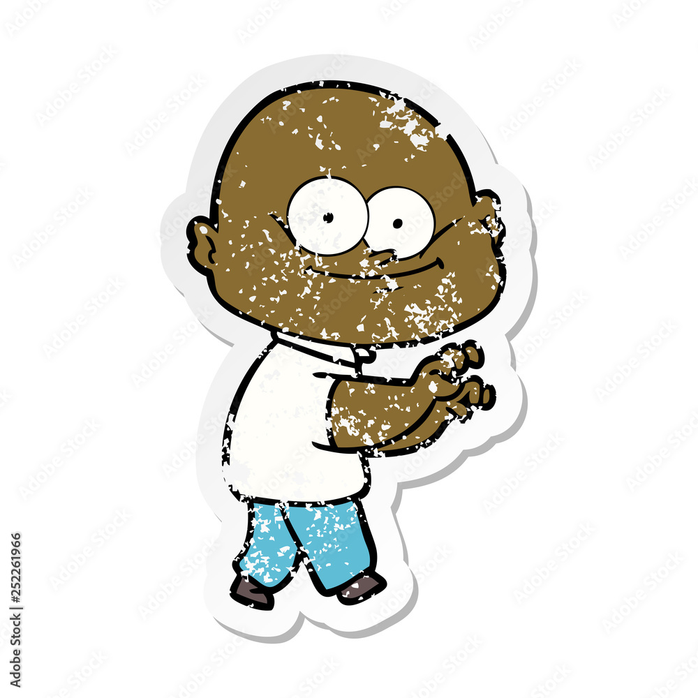 distressed sticker of a cartoon bald man staring