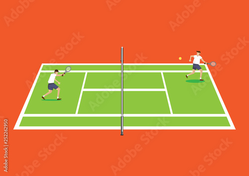 Two Tennis Players Having a Game in Tennis Court Cartoon Vector Illustration