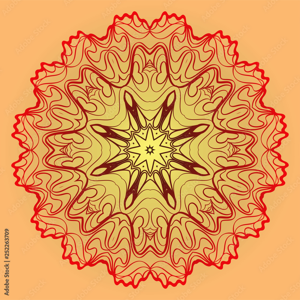 Beautiful Floral Ornament. Vector Illustration. Tribal Ethnic Ornament With Mandala. Anti-Stress Therapy Pattern. Indian, Moroccan, Mystic, Ottoman Motifs. Sunrise color