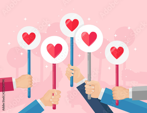 Group of business people with red heart placard. Social media, network. Good opinion. Testimonials, feedback, customer review, like concept. Valentines day. Vector flat design