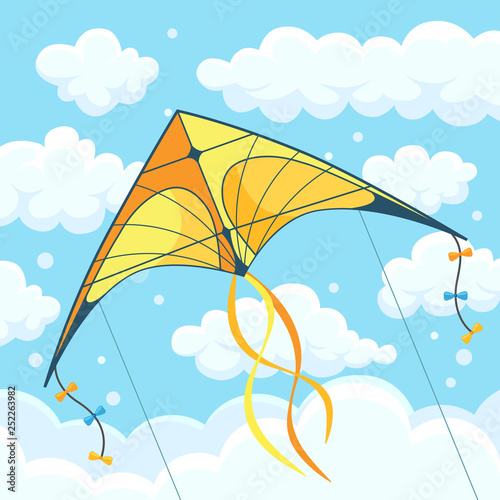 Flying colorful kite in the sky with clouds isolated on background. Summer festival, holiday, vacation time. Kitesurfing concept. Vector illustration. Flat cartoon design
