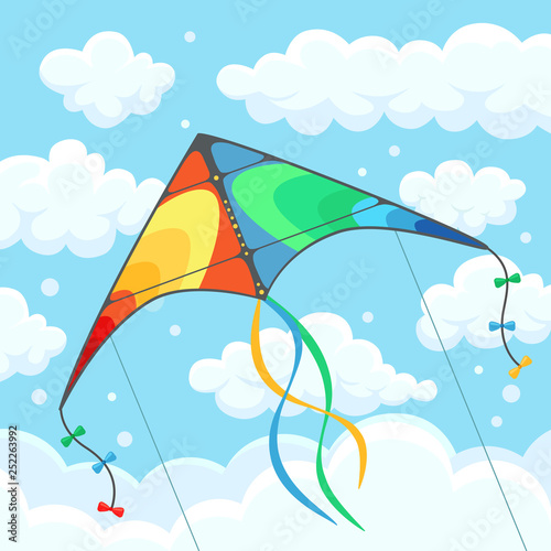 Flying colorful kite in the sky with clouds isolated on background. Summer festival, holiday, vacation time. Kitesurfing concept. Vector illustration. Flat cartoon design