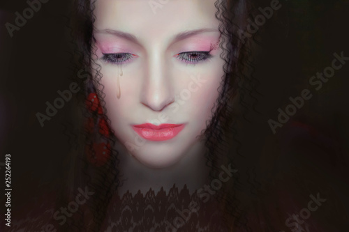  beautiful woman with bright, soft makeup and lace. medieval, sad. tears 