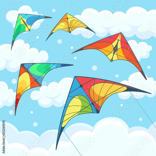 Flying colorful kite in the sky with clouds isolated on background. Summer festival, holiday, vacation time. Kitesurfing concept. Vector illustration. Flat cartoon design