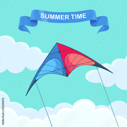 Flying colorful kite in the sky with clouds isolated on background. Summer festival, holiday, vacation time. Kitesurfing concept. Vector illustration. Flat cartoon design