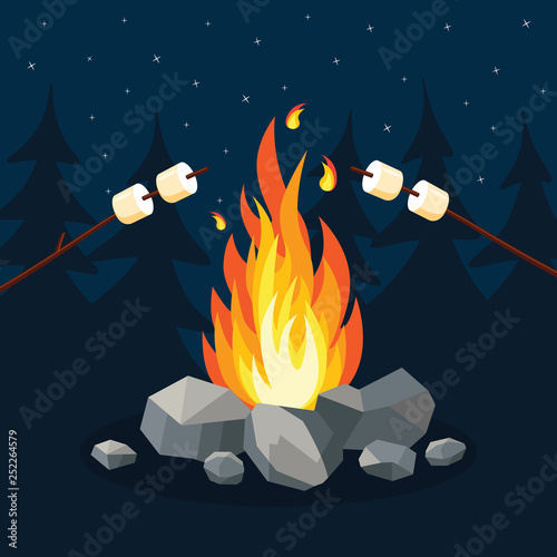 Cartoon fire flames, bonfire, campfire isolated on background. Vector flat design