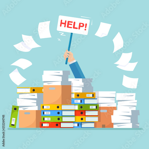 Pile of paper, document stack with carton, cardboard box. Stressed employee in heap of paperwork. Busy businessman with help sign. Bureaucracy concept. Vector cartoon design