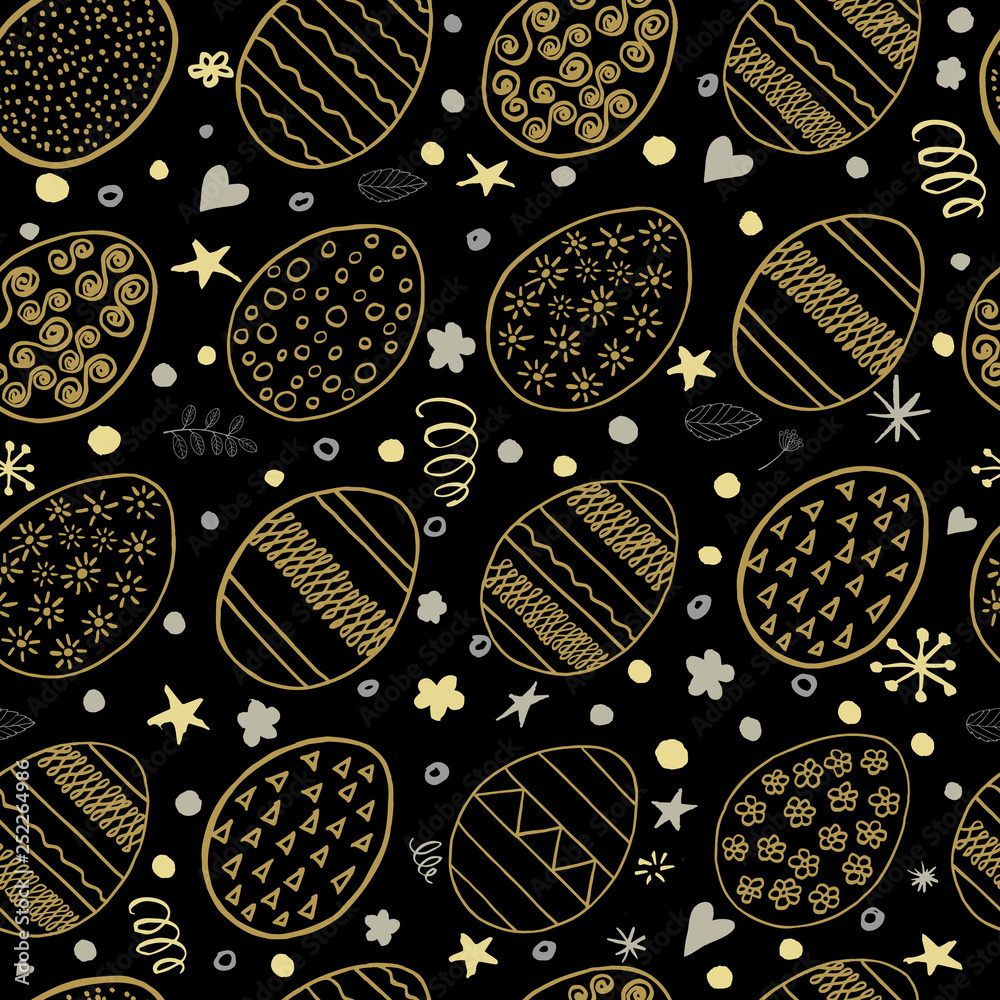 Plakat Ręcznie rysowane wzór wielkanocny. Czarny wzór ze złotymi ozdobnymi jajkami. Tło wakacje wielkanocne.