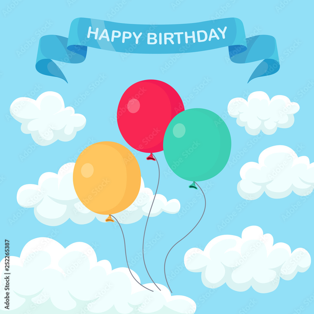 Bunch of helium balloon, air balls flying in sky. Happy birthday, holiday concept. Party decoration. Vector cartoon design