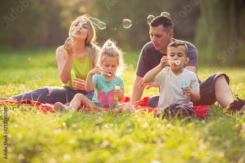 Happy family in the park on a sunny day blow soap bubbles..