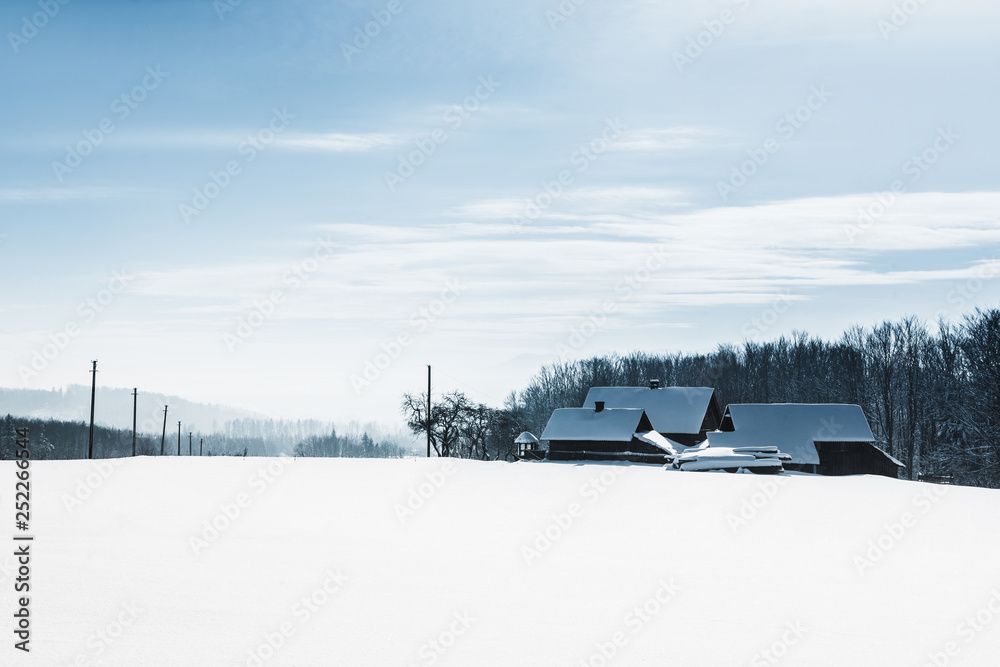 village in carpathians covered in snow near winter forest village in carpathians covered in snow near winter forest
