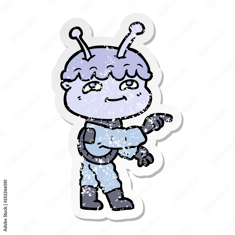 distressed sticker of a friendly cartoon spaceman pointing distressed sticker of a friendly cartoon spaceman pointing