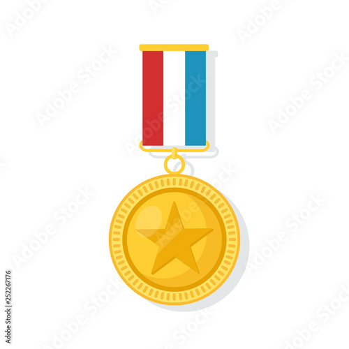 Gold medal with ribbon, star for first place. Trophy, winner award isolated on background. Golden badge icon. Sport, business achievement, victory concept. Vector illustration. Flat style design