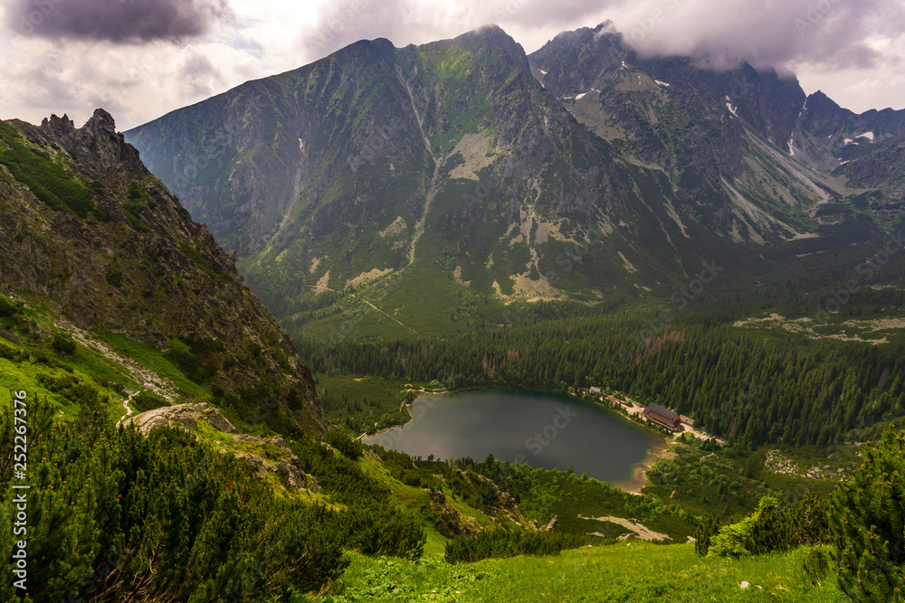 Slovakia. High Tatras. Popradske Pleso mountain lake and surrounding peaks.