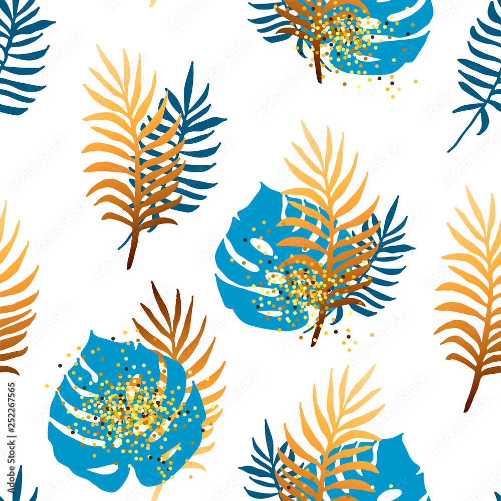 Seamless pattern with tropical blue and golden leaves. Vector illustratration