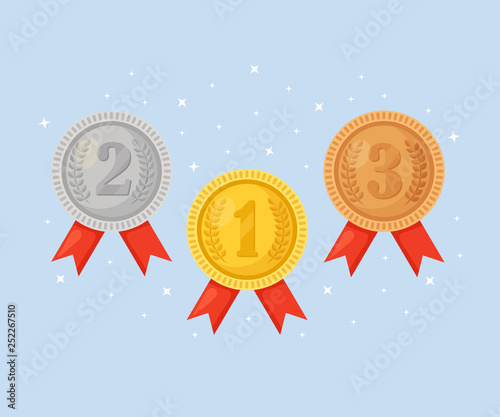 Gold, silver, bronze medal for first place. Trophy, award for winner  isolated on blue background. Set of golden badge with ribbon. Achievement, victory. Vector cartoon illustration Flat design