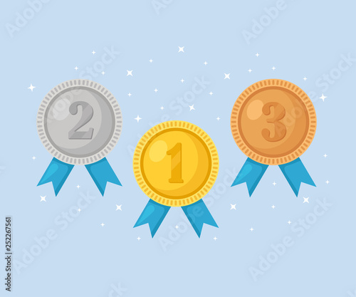 Gold, silver, bronze medal for first place. Trophy, award for winner  isolated on blue background. Set of golden badge with ribbon. Achievement, victory. Vector cartoon illustration Flat design