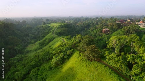 Campuhan Ridge Walk in Ubud, Bali. View from above. 4k aerial drone footage.