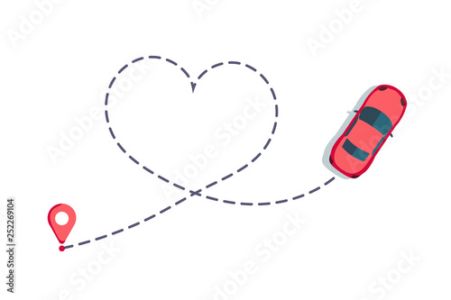 Love car route. Romantic travel, heart dashed line trace and routes. Hearted vehicle path, dotted love valentine day drawing isolated vector illustration.