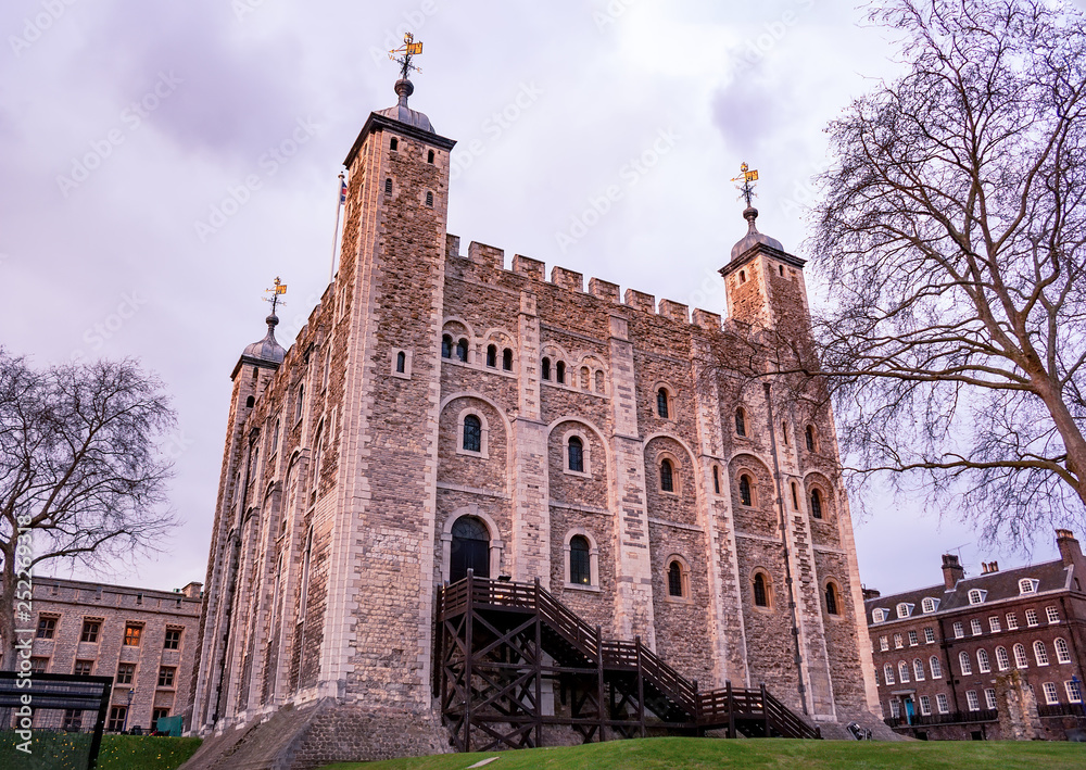The White Tower - Main castle within the Tower of London and the outer walls in London, England. It was built by William the Conqueror during the early 1080s, and subsequently extended