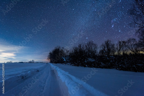 starry dark sky and snowy road in carpathian mountains at night in winter © LIGHTFIELD STUDIOS