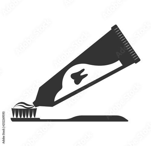 Toothbrush with toothpaste icon. Squeezing toothpaste from the tube onto the brush.