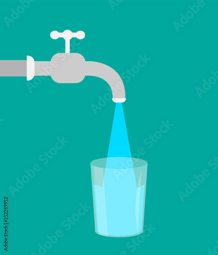 Water and glass. Flat design. Water from the tap.