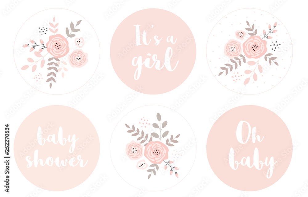 Cute Baby Shower Vector Sticker. Round Tags with Abstract Flowers. Pink  Color Bouquet in a Circle.