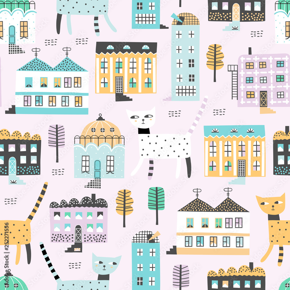 Vector seamless pattern with old buildings and cute cats. Good for kids fabric, textile, nursery wallpaper. Seamless city landscape. Funny cats walk around the city. Kids pattern.