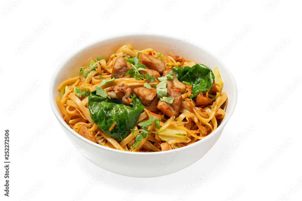 Noodles with meat in a plate on a white background