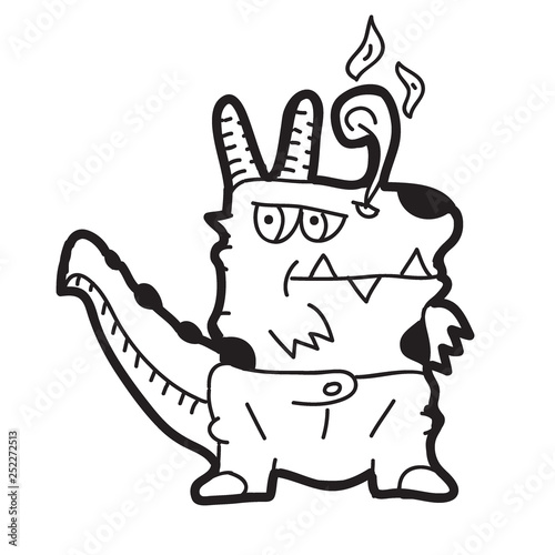 Fototapeta Naklejka Na Ścianę i Meble -  A fire dragon doodle character. Hand drawn illustration for t-shirt print design, coloring book, greeting card.