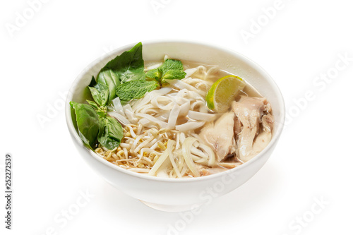 Noodle and chicken soup on white background