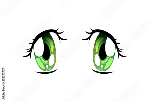 Beautiful Sad Green Eyes, Bright Eyes with Light Reflections Manga Japanese Style Vector Illustration photo