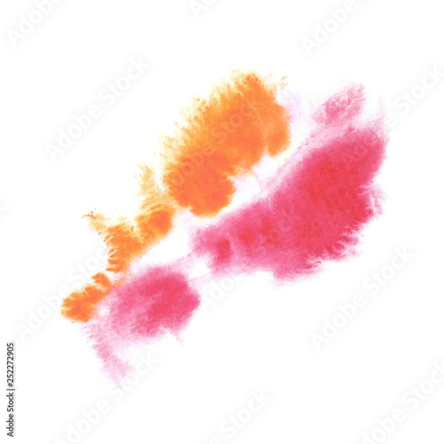 Orange and bright pink watercolor burst stains. Hand drawn on wet paper. Soft, liquid, abstract, dynamic