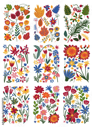 Collection of Floral Patterns Set, Bright Colorful Summer Plants Vector Illustration
