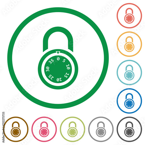 Locked round combination lock flat icons with outlines