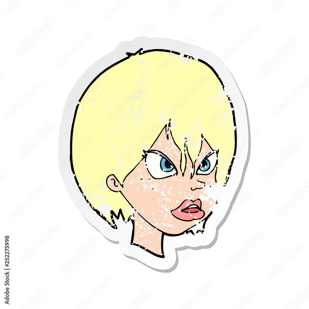 retro distressed sticker of a cartoon annoyed woman