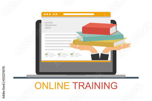 The concept of online learning. Study over the Internet, online education. Learning by the webinar training. Vector illustration.