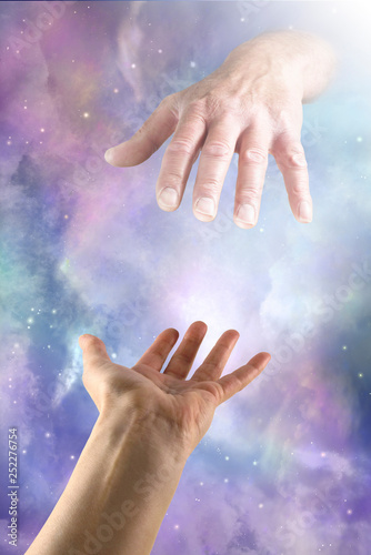 Dear God I need your help please -  hand reaching up towards hand reaching down depicting hand of God against a beautiful heavenly celestial sky background 