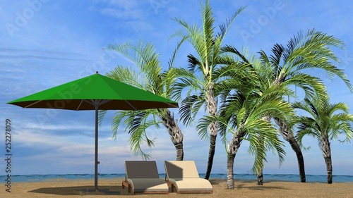 Luxury vacation concept as beautiful island summer landscape with palm trees, deck chairs and parasol