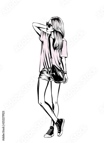 Beautiful girl in a sneakers, shorts and T-shorts. Vector illustration, fashion and style. Stylish look. 