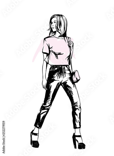 Beautiful girl in pants and blouse. Vector illustration for a postcard or a poster, print for clothes. Fashion & Style. Female. 