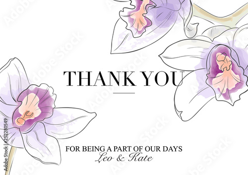 Vector Thank you card. Beuatiful orchids in violet orange colors with text. Hand drawn watecolor illustration. Modern invitation, stationery card. 