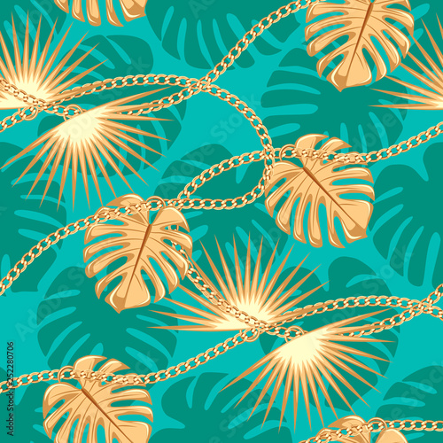 Seamless pattern with gold chain with palm leaves golden pendant. Trendy vektor illustration.