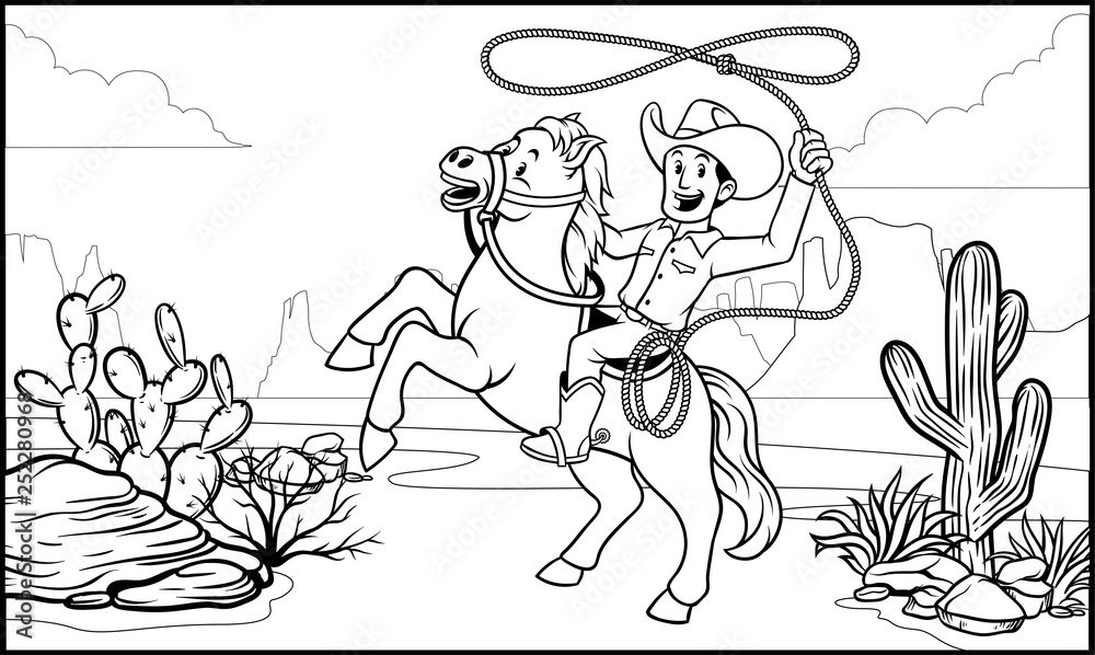 Fototapeta premium black and white coloring page cowboy ride the horse