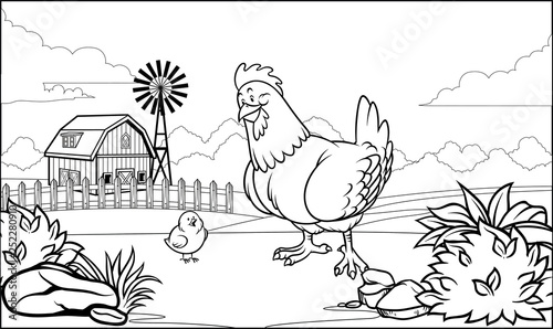 black and white coloring page hen in the farm with her chick