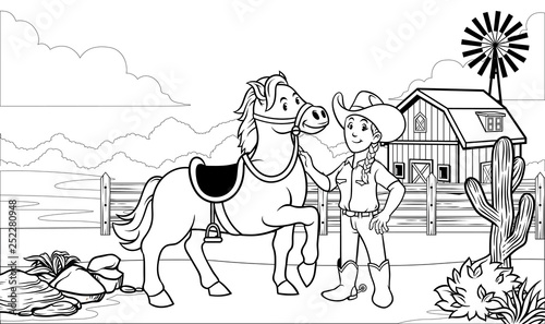 black and white coloring page happy cowgirl with her horse